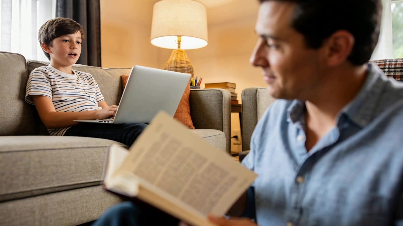 Typing son in striped tee studying on laptop at home, voicing question causing dad reading book