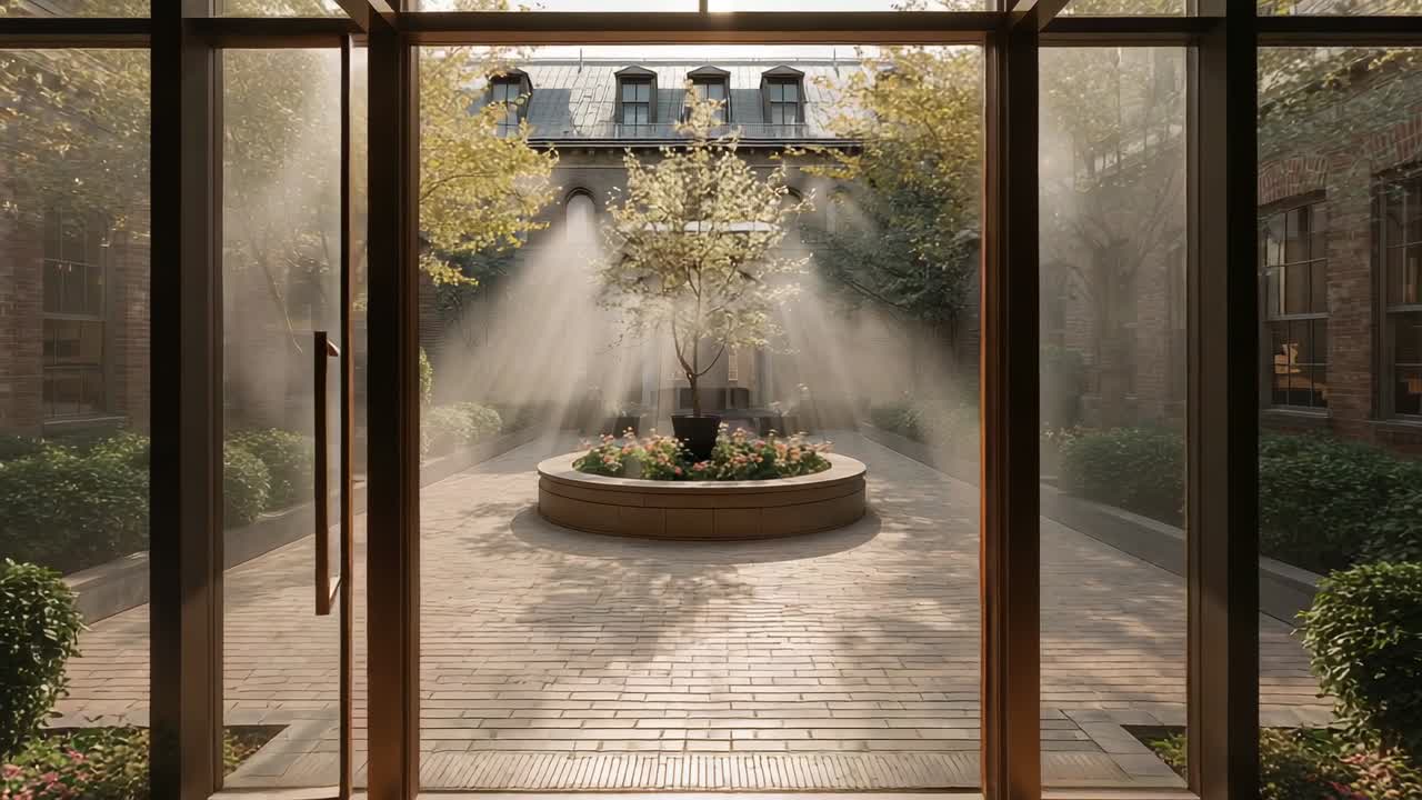 Sliding glass door panels starting to open from foyer, revealing misty courtyard with round planter