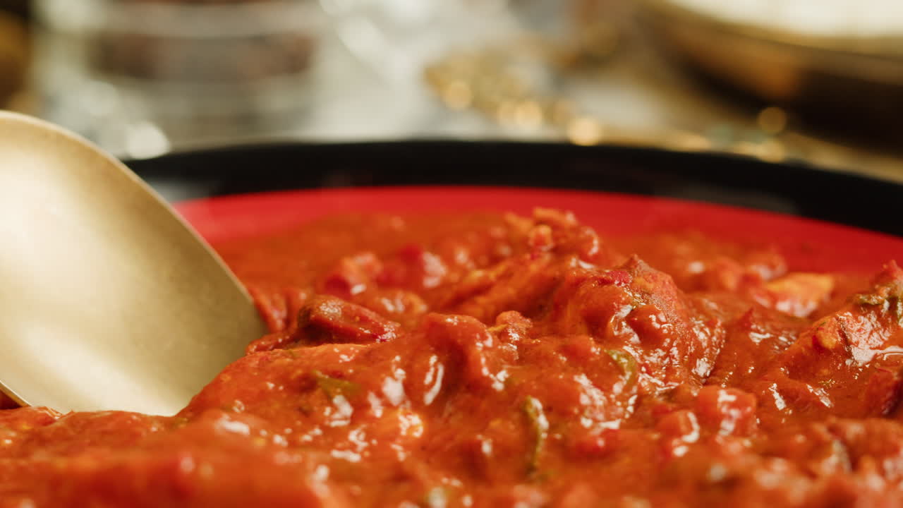Assorted indian sri-lanka food set on wooden background. Dishes and appetisers of indeed cuisine, rice, lentils, paneer, samosa, spices, masala. Bowls and plates with indian food top view chicken. High quality 4k footage