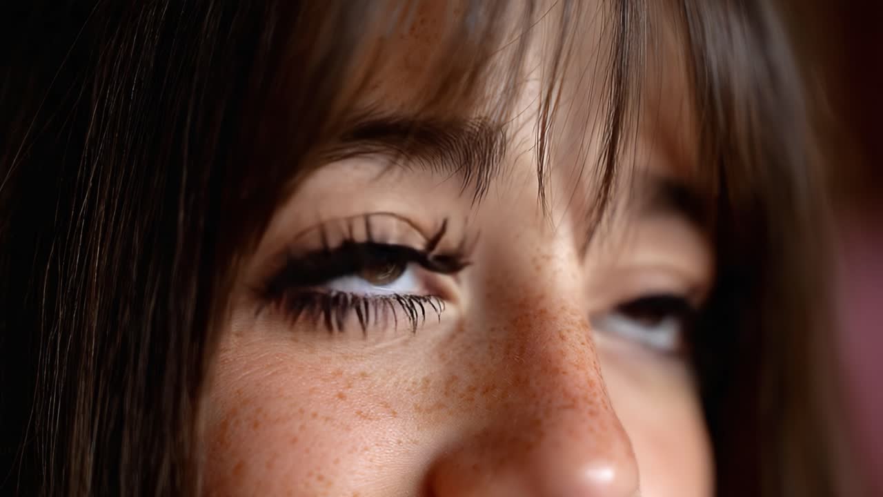 A Close-Up Exploration of Expressive Brown Eyes with Beautiful Long Eyelashes and Natural Freckles, Capturing the Intricacies of Human Emotion and Beauty