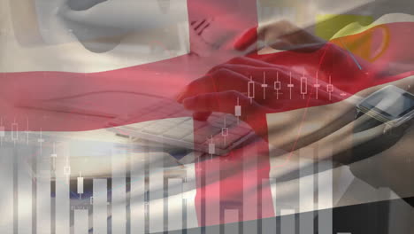 animation of financial data processing and flag of england over african american businessman