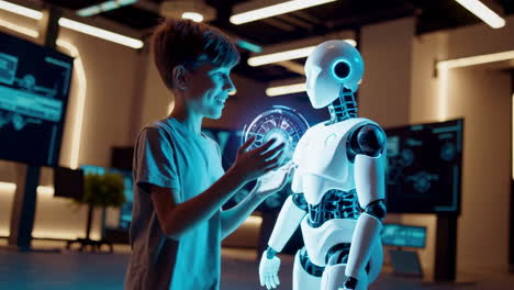 boy interacting with humanoid robot in futuristic tech lab