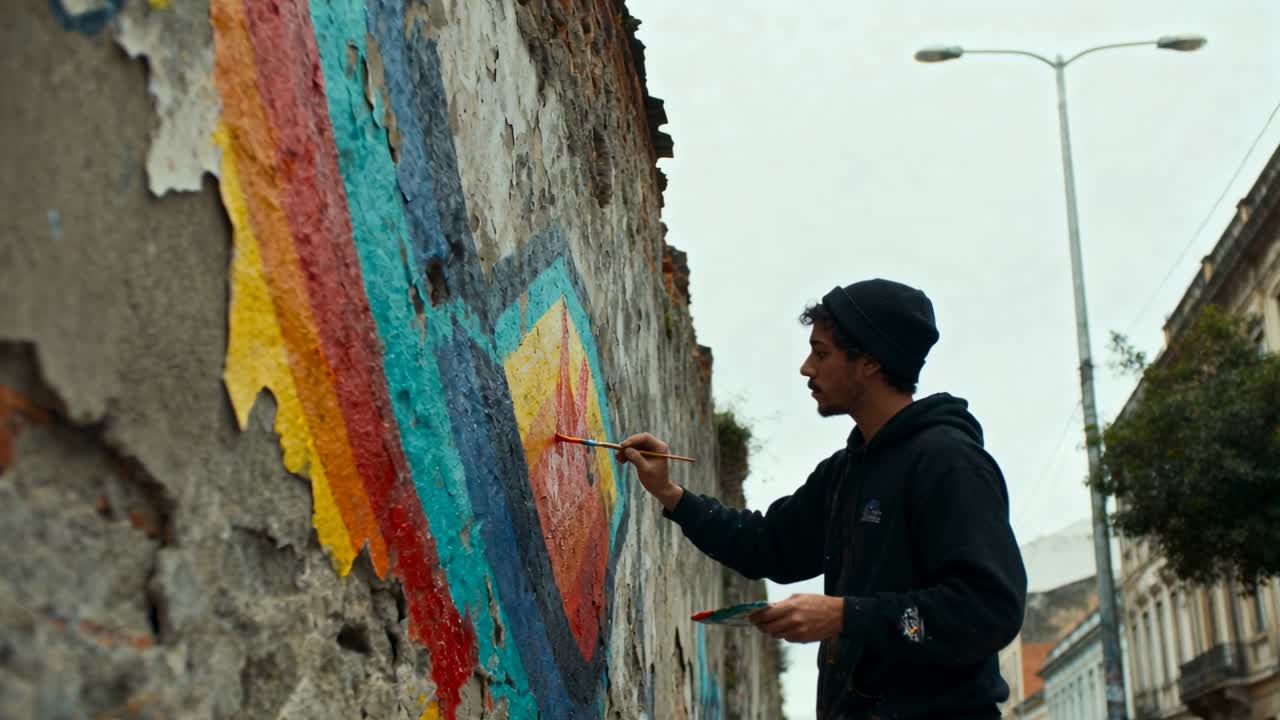 Street artist uomo posiziona la punta del pennello e rifinisce il centro di un murale geometrico, definendone i contorni.