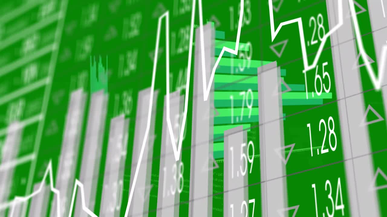 animación de gráficos y datos financieros en fondo verde