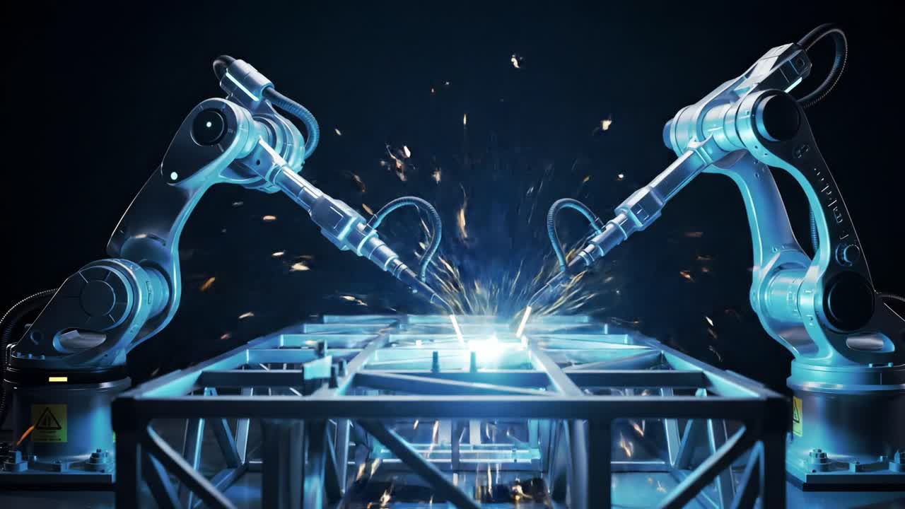 Advanced Robotic Arms Performing Precision Welding Operations on a Framework, Emitting Bright Sparks and Demonstrating Cutting-Edge Automation Technology in Action