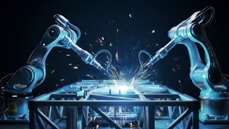 advanced robotic arms performing precision welding operations on a framework, emitting bright sparks and demonstrating cutting-edge automation technology in action