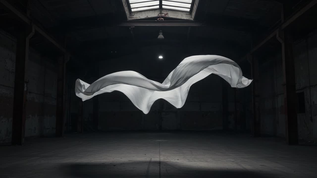 Una danza affascinante di tessuti: un etereo drappo bianco sospeso in un magazzino abbandonato crea una scena visiva mozzafiato che evoca movimento e serenità