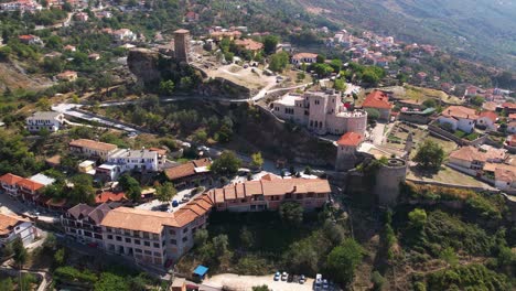 castle neighborhood of kruja in albania, stone walls of fortress and historic museum of skanderbeg