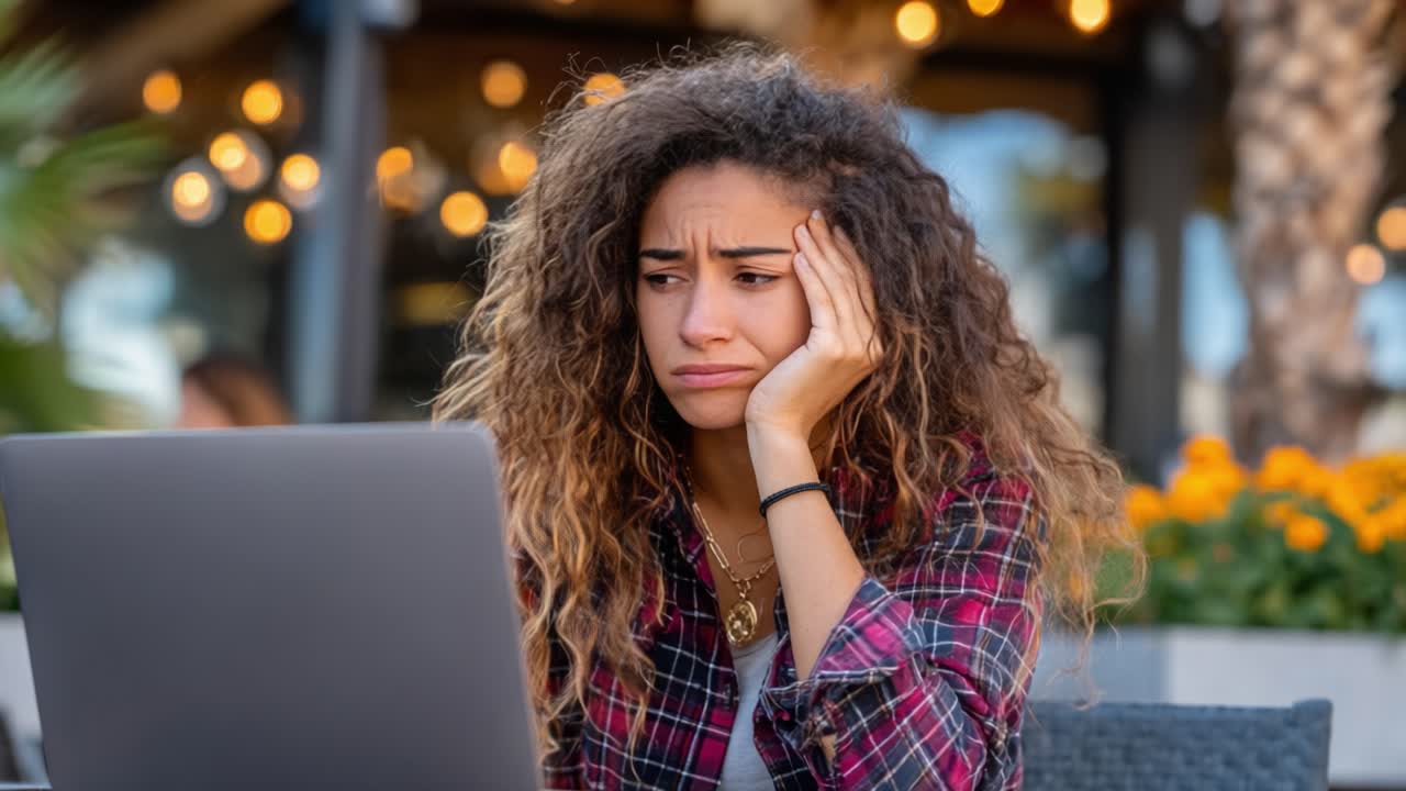 Frustrated Young Woman with Curly Hair Stares at Laptop, Experiencing Stress and Disappointment While Working in Outdoor Café Setting