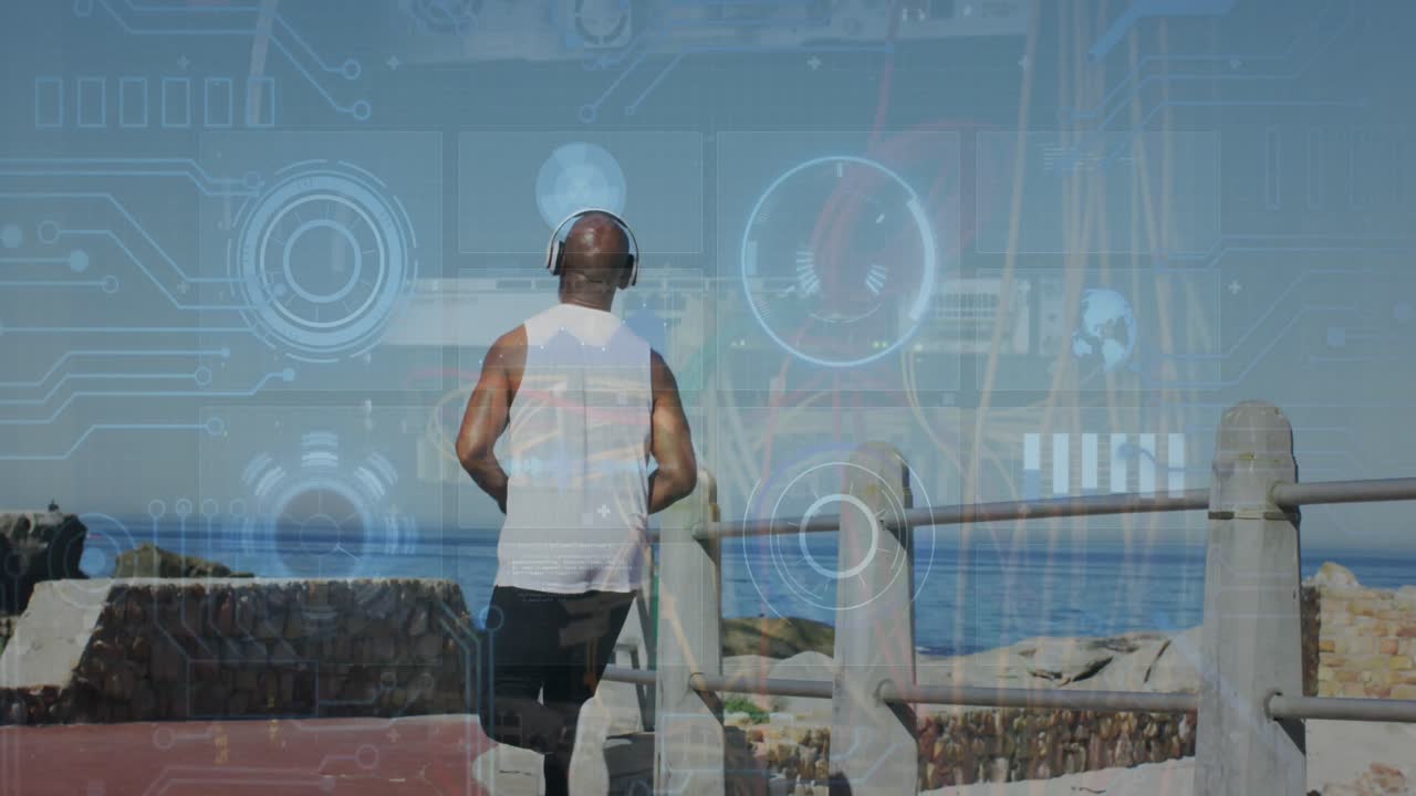 animación del procesamiento de datos sobre la vista trasera de un hombre mayor afroamericano corriendo por el paseo marítimo