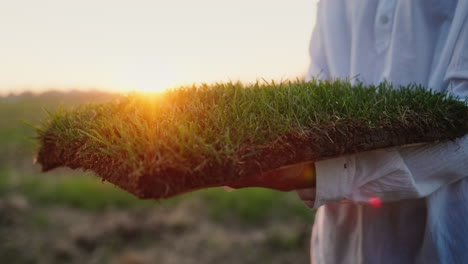 a man in white clothes holds a piece of soil where green grass grows. ecology and respect for nature concept