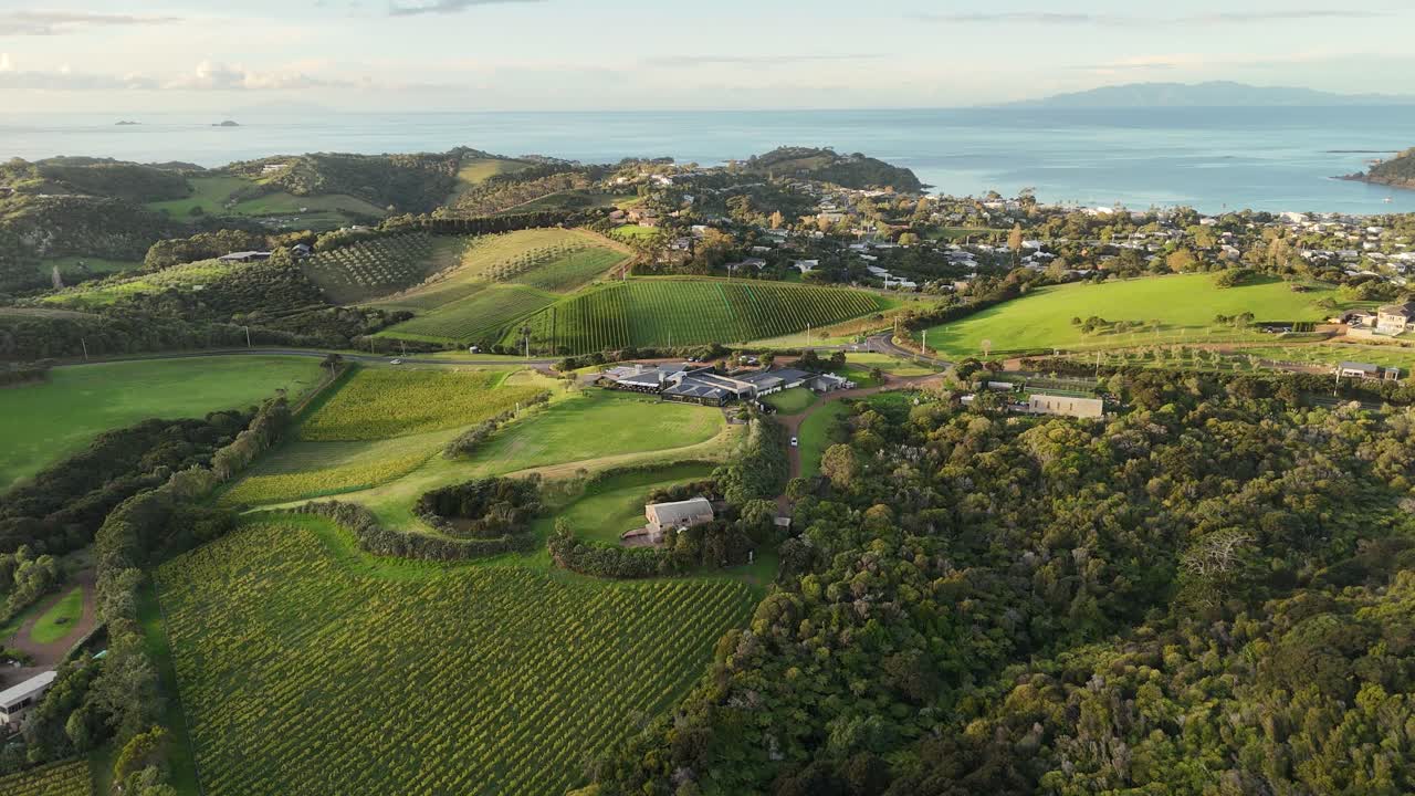 Beautiful Waiheke island in New Zealand with green mountains and vineyards. Beach, city and bay in background. Aerial wide shot.