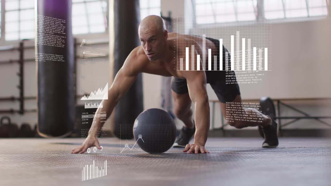 Male athlete starting plank, doing med-ball push-ups, challenging core with fitness charts growing
