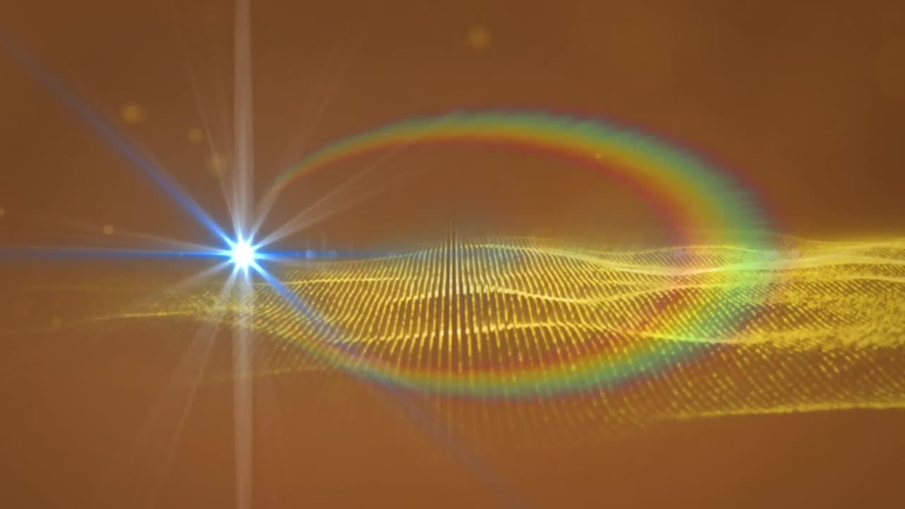 오렌지색 바탕에 있는 빛의 흔적 위에 있는 빛의 반점들의 애니메이션