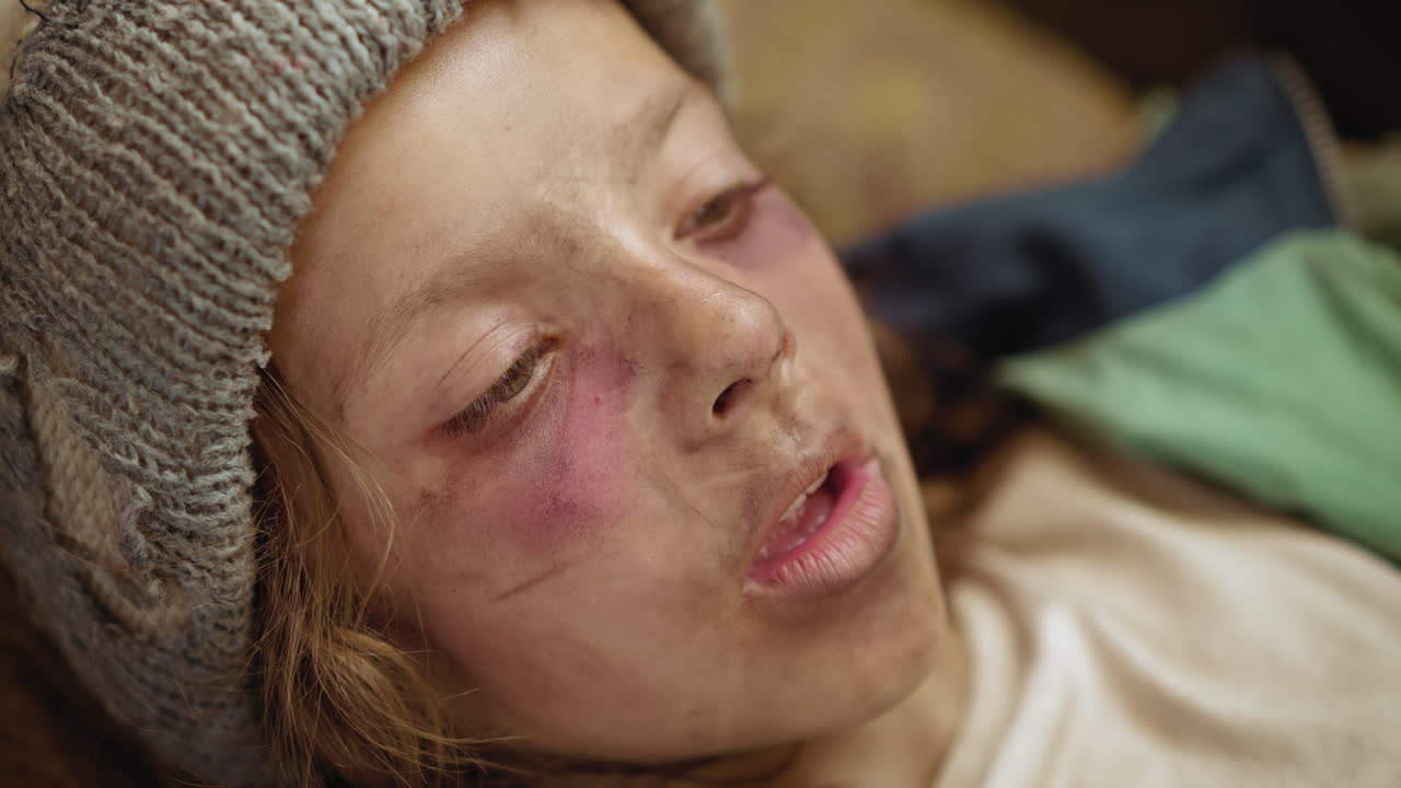 Close up of pale cast away lying down with bruises and dirt on face, eyes swollen, mouth slightly open while coughing in exhaustion, wearing wool beanie and warm clothes