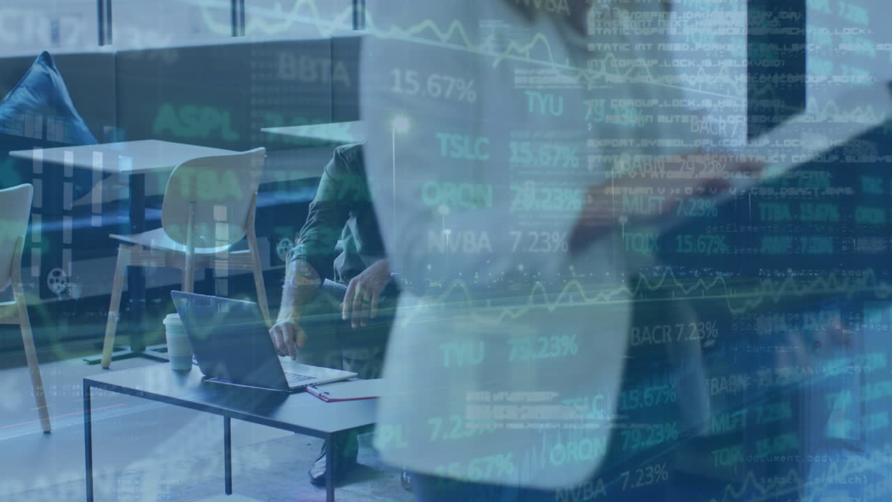 Animation of trading board, binary code, database over caucasian coworkers discussing over laptop