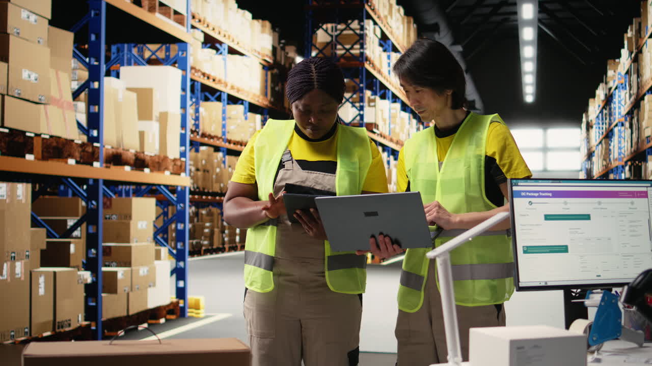 Vertical Video Multiethnic team in hi vis vests managing retail business operations