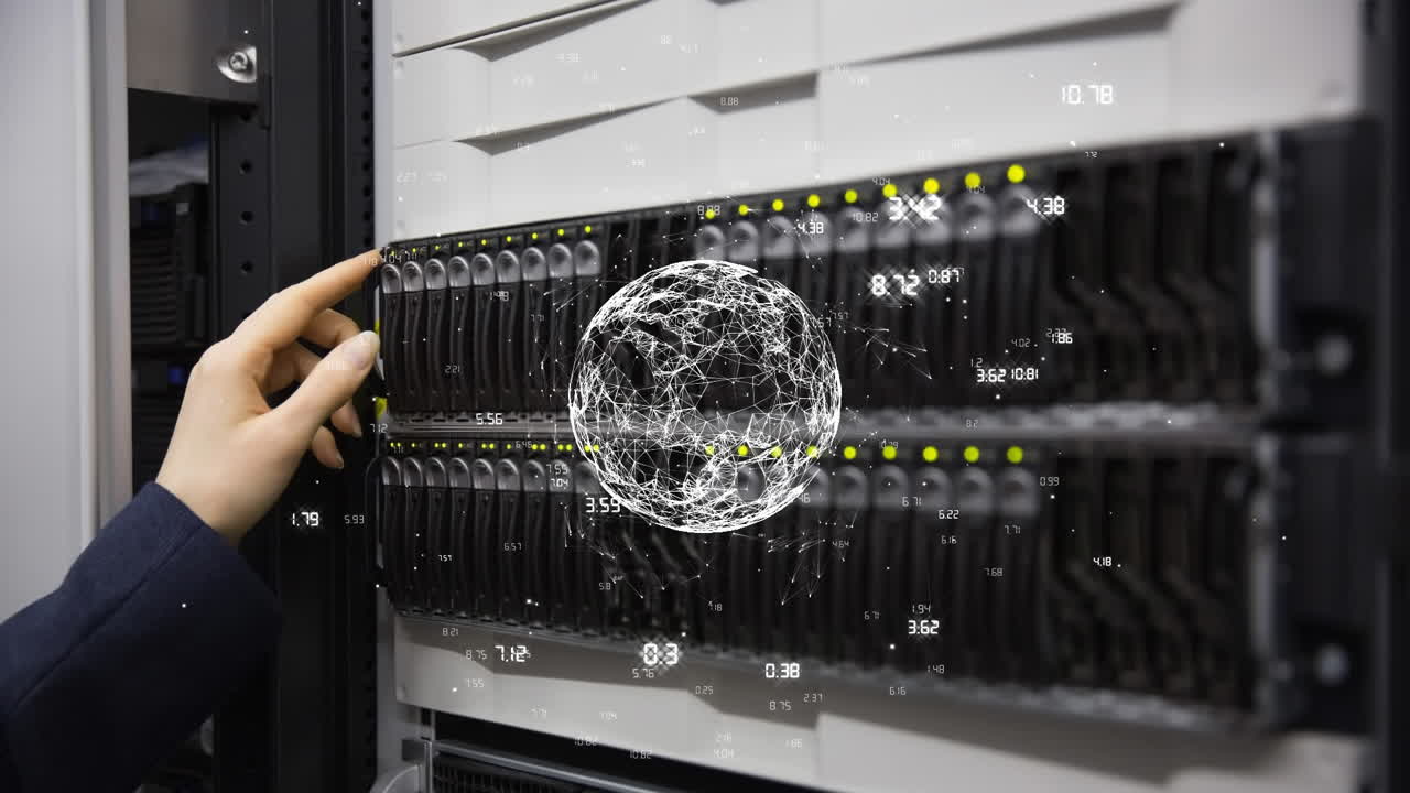 Animation of globe and numbers over caucasian female worker inspecting server room