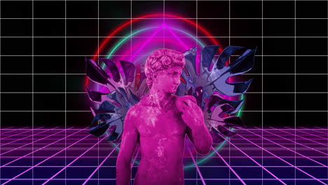 neon grid and geometric shapes over animation of classical statue with tropical leaves