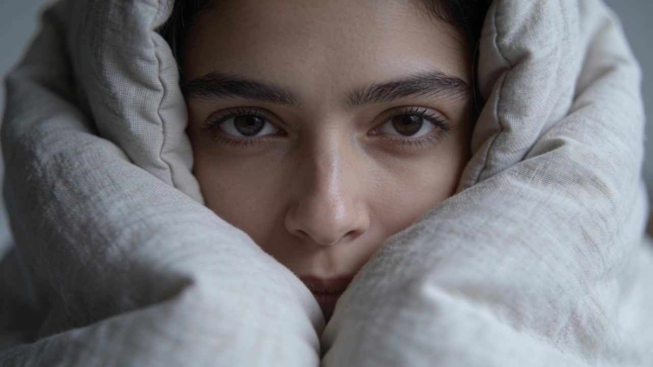 Donna avvolta che si muove mostrando piccoli spostamenti in camera da letto, con il piumone che si tira su intorno al viso e la messa a fuoco che inizia.