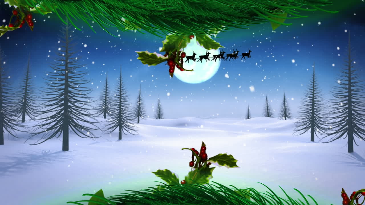 Decorazione di ghirlanda natalizia su Babbo Natale sulla slitta trainata dalle renne.