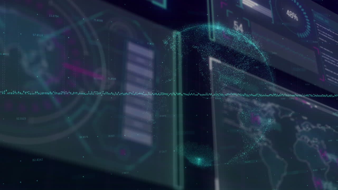 Digital data processing animation with futuristic interface and holographic elements