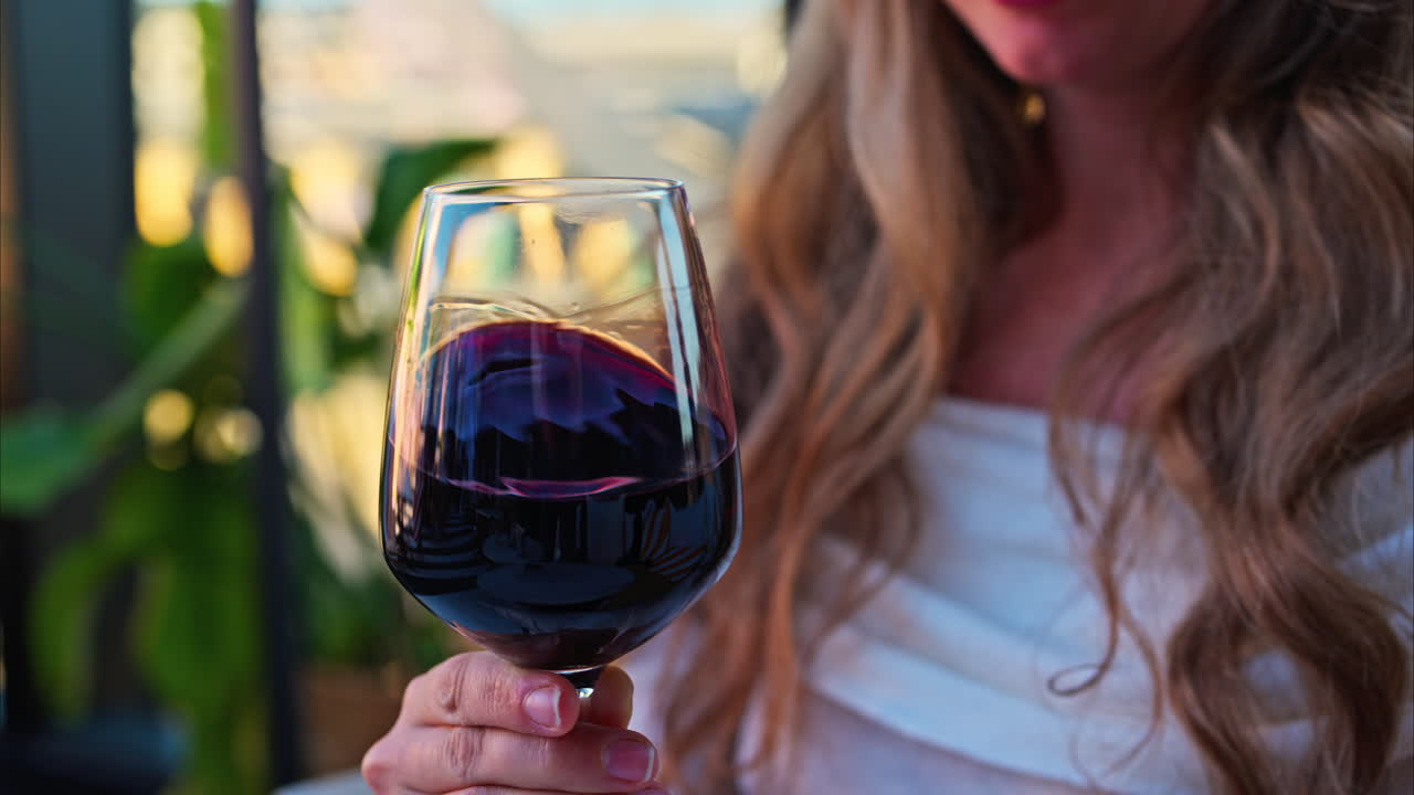 Close up of a woman swirling a glass of red wine at a terrace