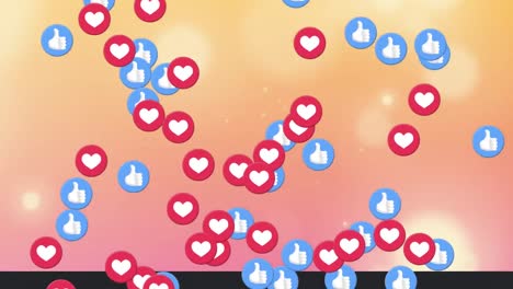 Animation-of-social-media-like-and-heart-icons-over-bokeh-lights-on-orange