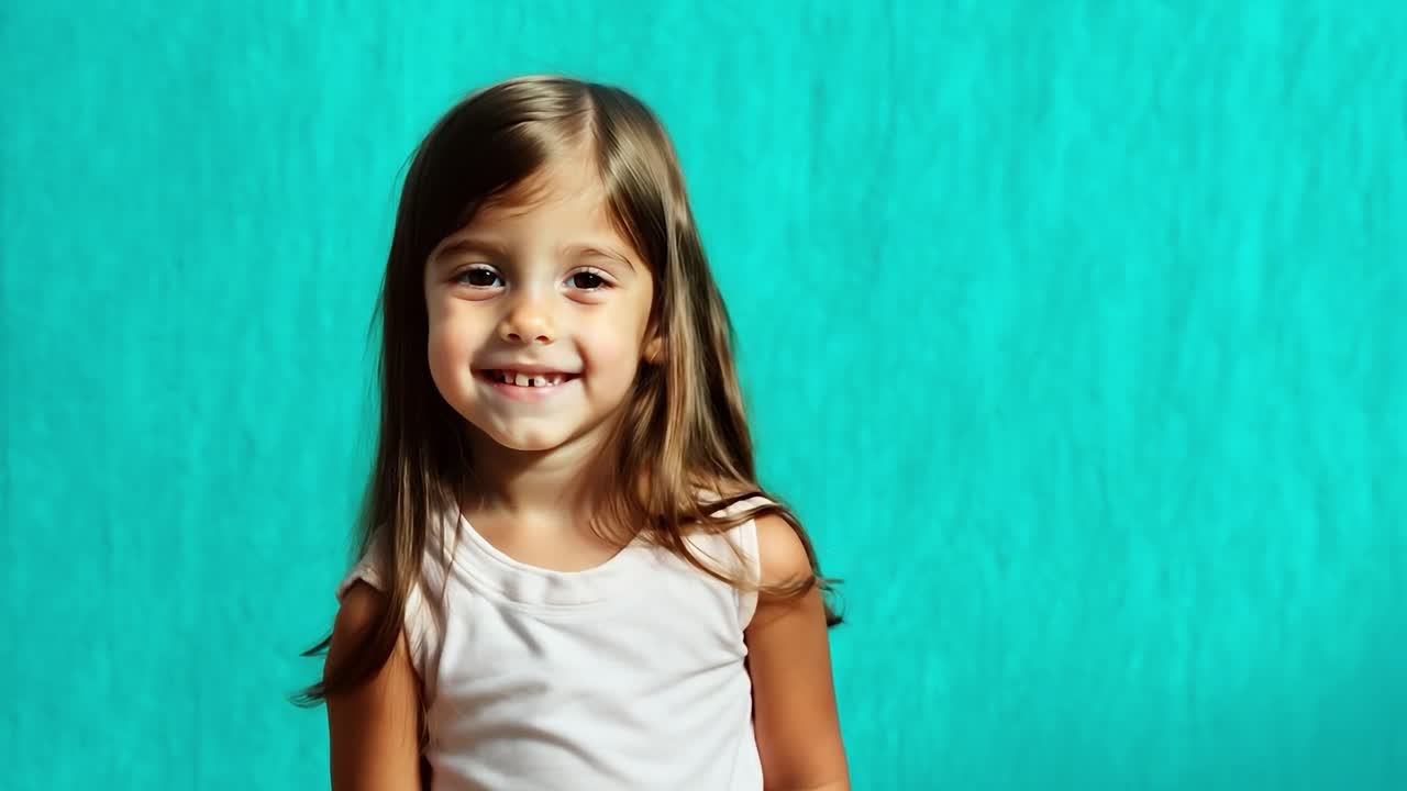 Una niña pequeña con cabello largo y castaño sonríe felizmente a la cámara