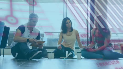 animación de gráficos sobre diversas mujeres y hombres compañeros de trabajo en la oficina
