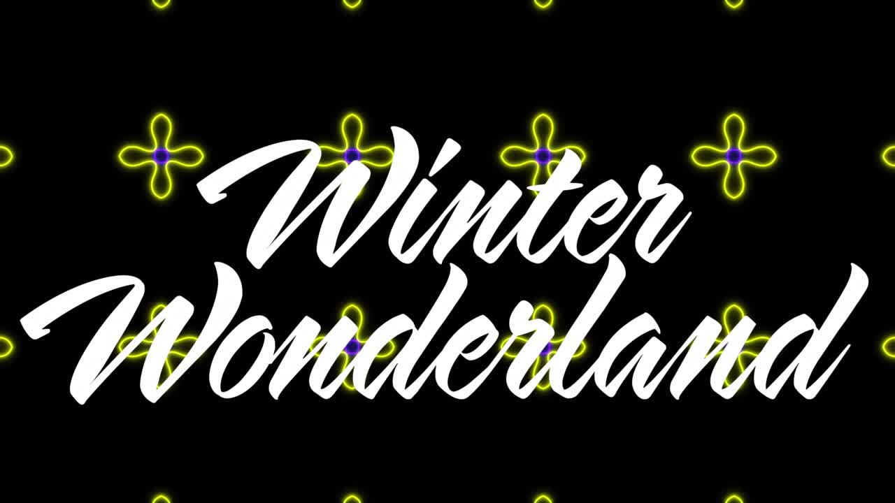 On load white WinterWonderland script text completing while neon rings pulsing to lattice for loop