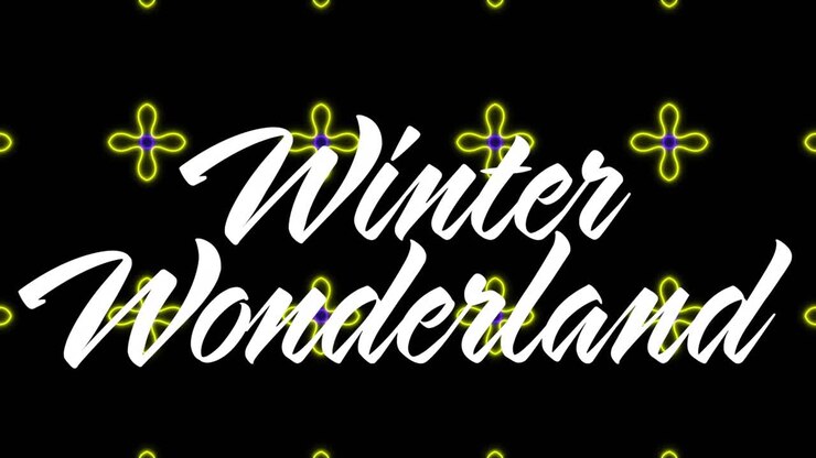 On load white WinterWonderland script text completing while neon rings pulsing to lattice for loop