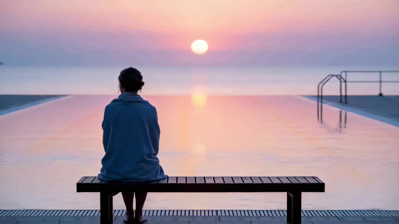 Sitting female-presenting adult wearing shawl watching low sun on wooden bench by infinity pool