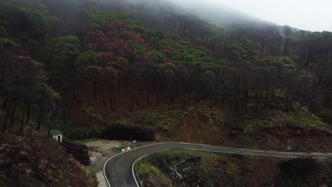 Winding-mountain-forest-road-in-Spain,-aerial-drone-view