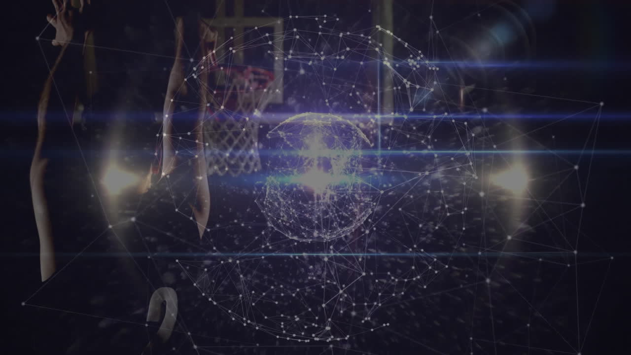 Shooting basketball, player with digital network animation overlaying court scene