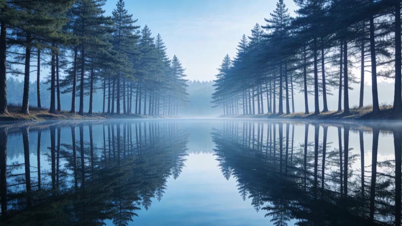 Sunrise causing lakescape mirroring evergreen fir trees at morning, mist drifting over calm water