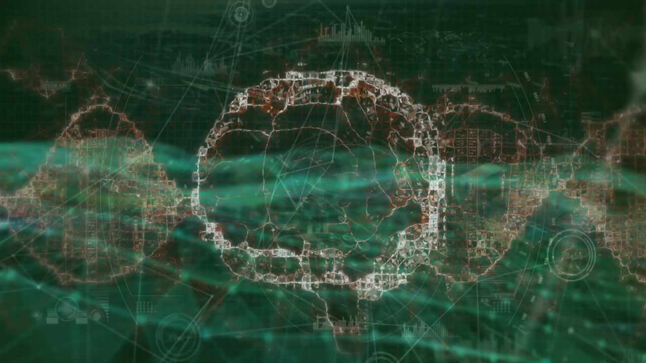 animación de la red de conexiones contra el icono del cerebro humano giratorio y la onda digital