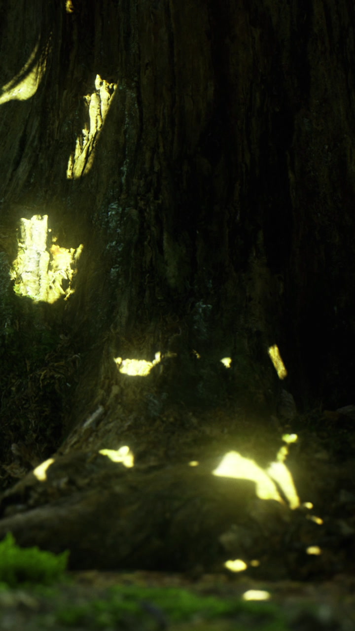 Glimmering lights dance around ancient tree trunk in mystical forest setting