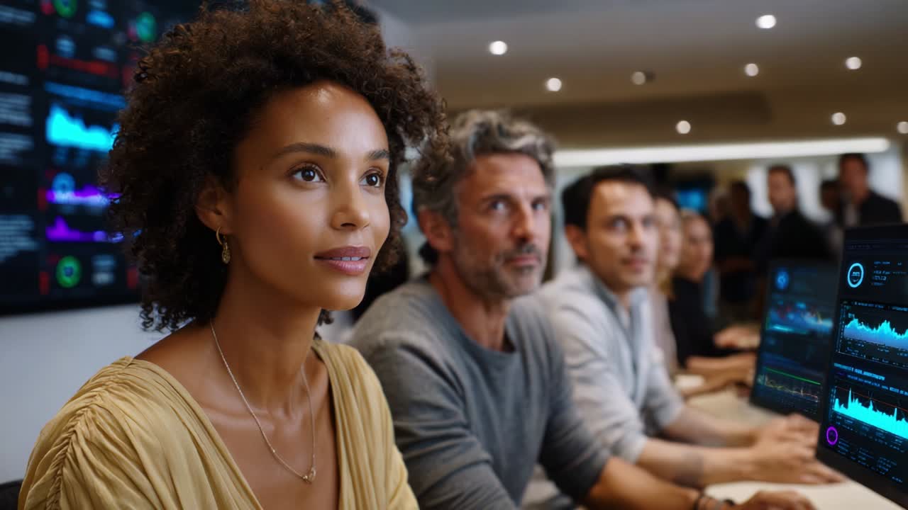Un team concentrato che analizza i trend dei dati in un ambiente ufficio moderno, che mostra la collaborazione e l'utilizzo della tecnologia per un processo decisionale efficace e la raccolta di informazioni