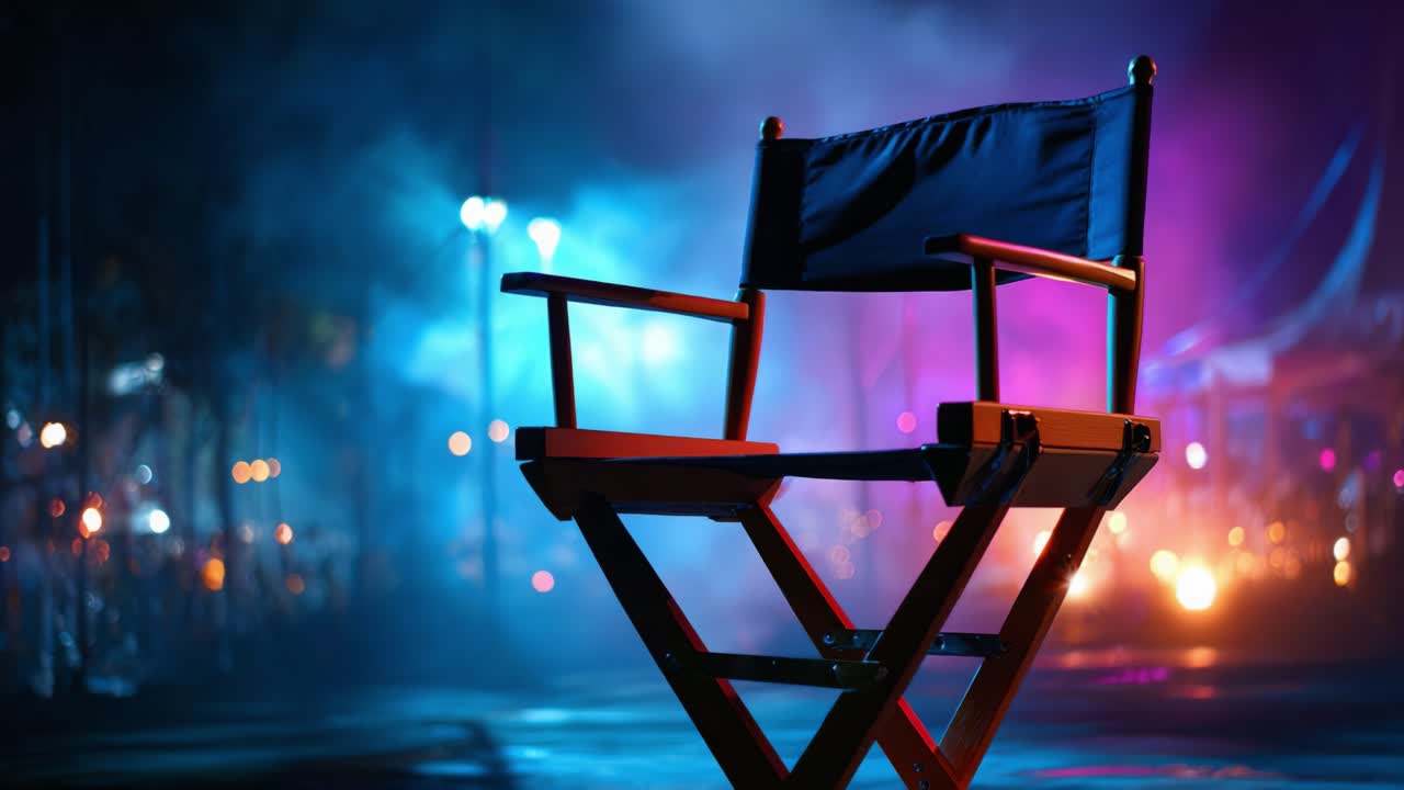 A captivating scene featuring a classic director's chair set against an atmospheric backdrop of colorful lights and fog, creating a cinematic mood of intrigue
