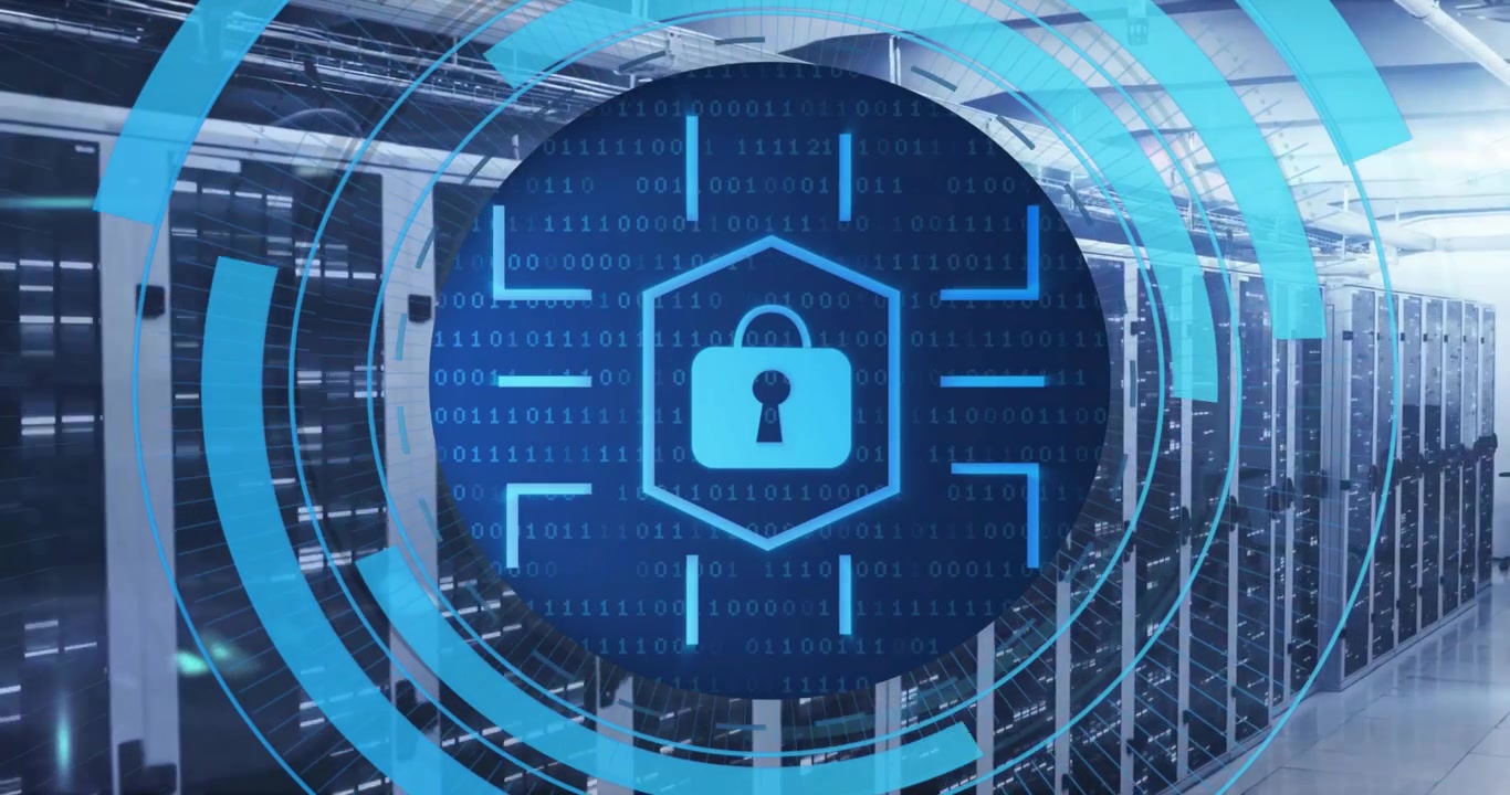 Animation of circular scanner with network security padlock icon over server room