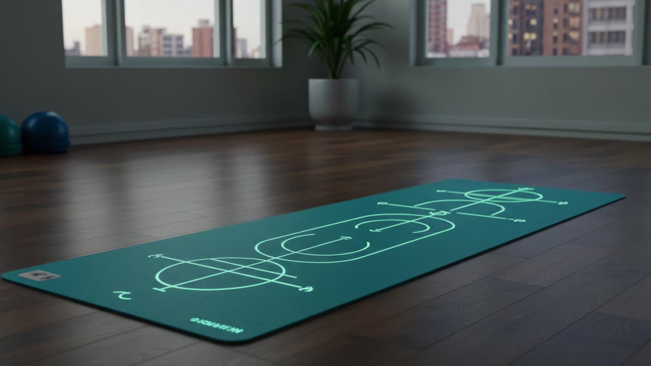 A Serene Yoga Space Featuring a Mat with Geometric Patterns, Ideal for Mindfulness and Physical Wellness in a Modern Interior Setting