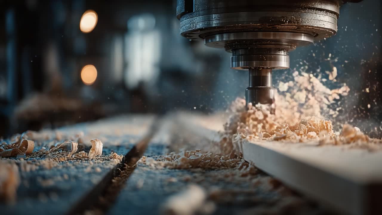 Precision Woodworking: Captivating Process of a Milling Machine Creating Wood Shavings in an Artisan Workshop Environment