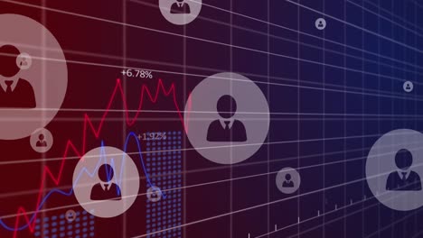 Animation-Von-Profilsymbolen-über-Die-Statistische-Datenverarbeitung-Vor-Violettem-Hintergrund-Mit-Farbverlauf