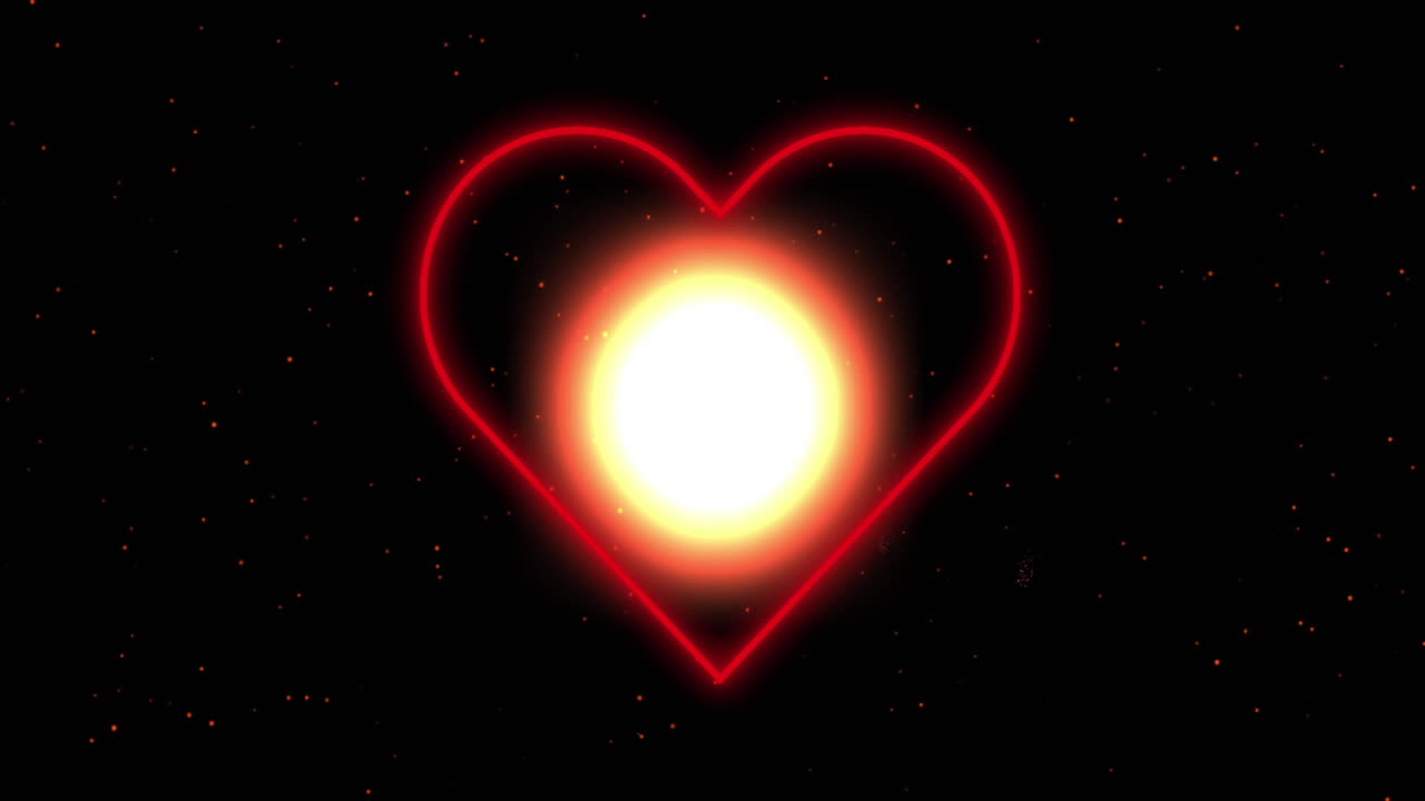 Animation of glowing neon heart over red fireworks in background