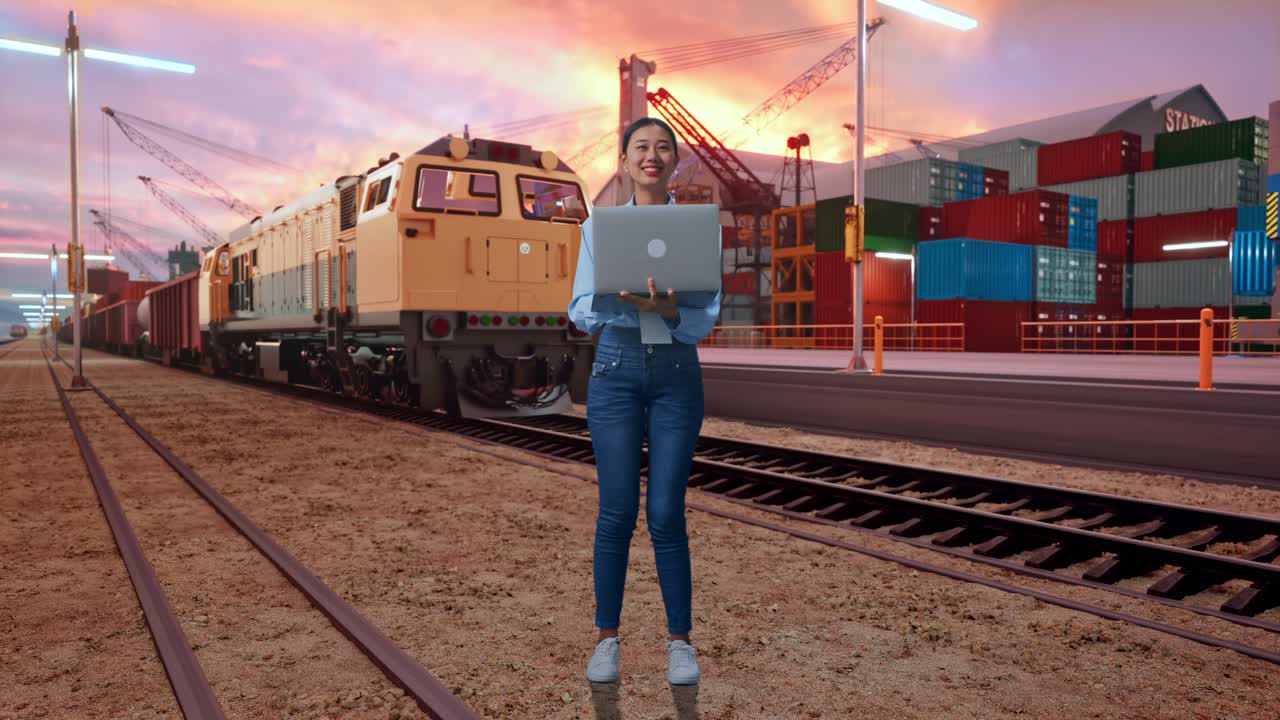 Full Body Of Asian Female With Her Laptop With Freight Cargo Train At Port, She Observes By Looking Around Before She Come To Concentrating With Her Laptop