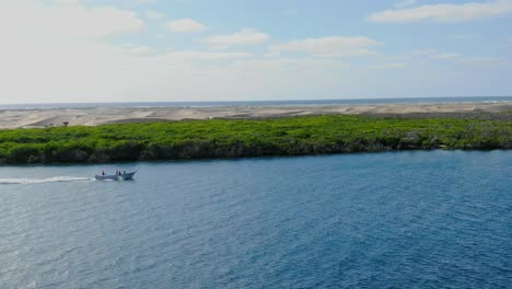 aerial view moving right shot, boat moves along the river in la purisima, baja california sur, mexico, scenic view mangrove forest and desert in the background