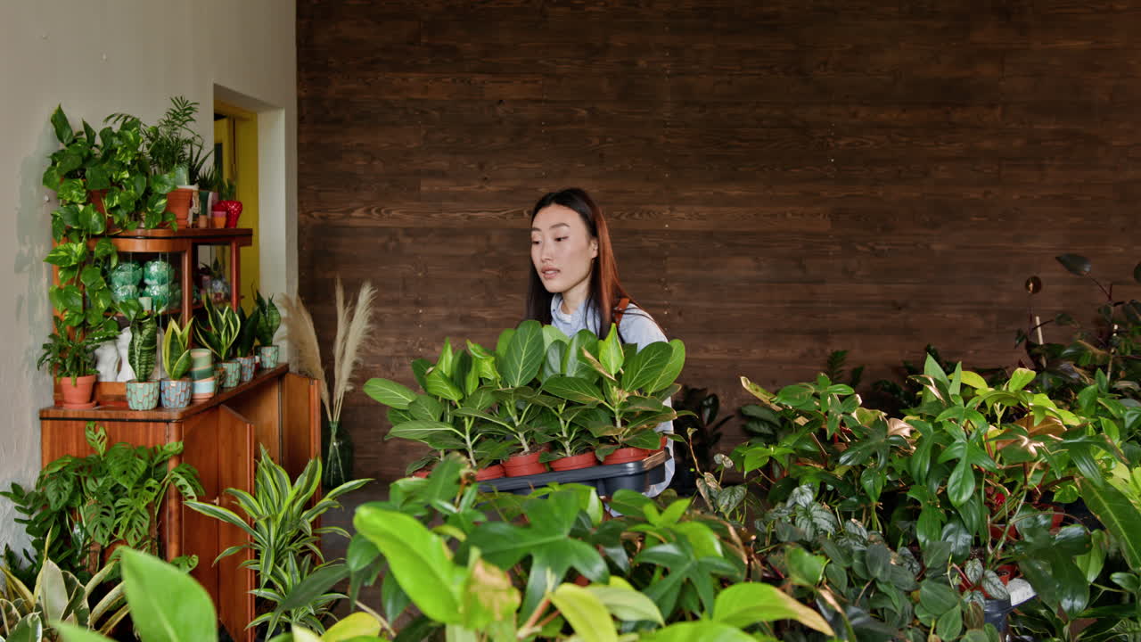 식물 가게 에서 식물 을 들고 있는 여자