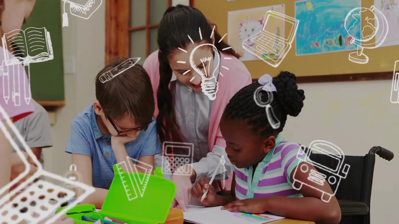Teacher leaning at table guiding child writing, white doodles obscuring faces, supporting learning