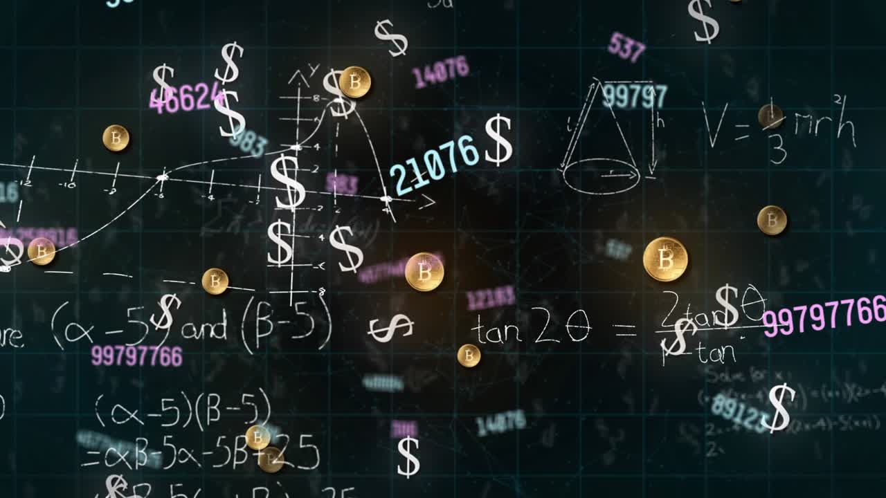 Animazione di formule matematiche e numeri su sfondo nero.